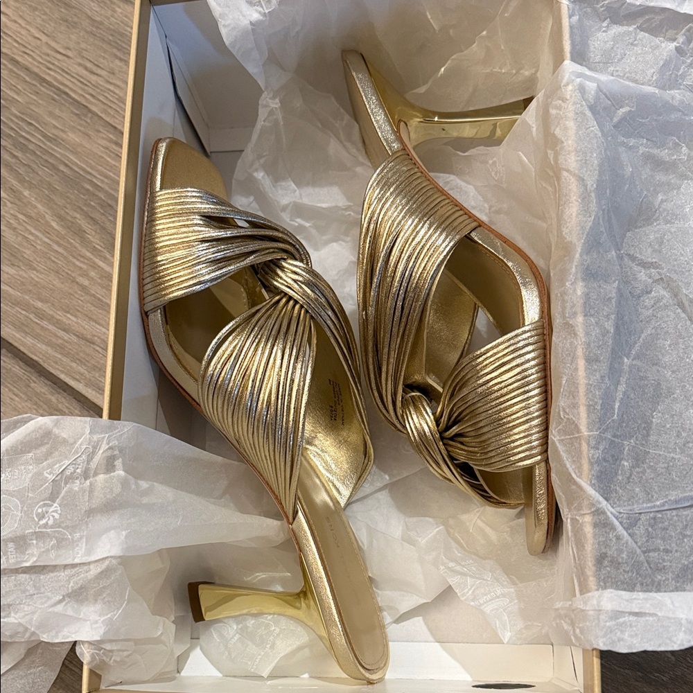 MICHAEL Michael Kors Metallic Gold Knotted Strap Mule Heels - Picture 2 of 10
